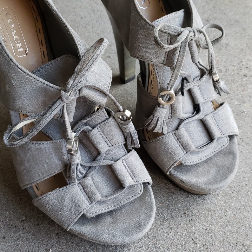 Coach Teagan Gray Suede Lace Up Platform Heels 7